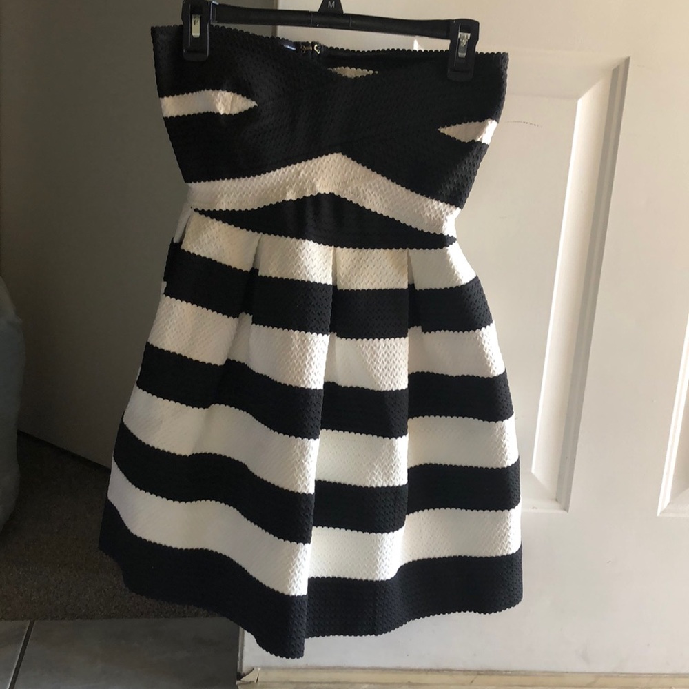 BCBG black and white striped party dress